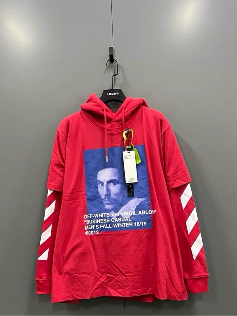 🚩steal Off-White Red Hooded Long-Sleeve Graphic Tee